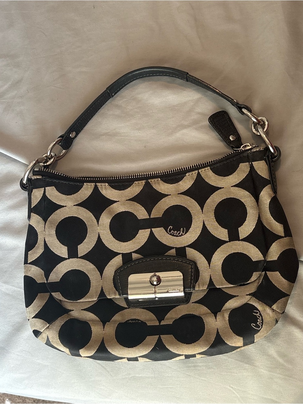 Coach Black and Cream Signature Pattern Shoulder Bag